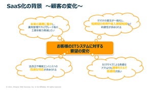 © 2021, Amazon Web Services, Inc. or its Affiliates. All rights reserved.
お客様のITシステムに対する
要望の変化
本来の業務に集中し、
運⽤管理やアップグレード等の
⼯数を極⼒削減したい
クラウドの普及が⼀般化し、
短期間の利⽤や導⼊期間短縮など
利便性が求められる
法改正や機能エンハンスへの
迅速な対応が求められる
カスタマイズによる⾼価な
アプリよりも標準モデルで
低価格が良い
SaaS化の背景 〜顧客の変化〜
 