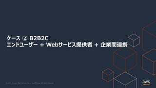 © 2021, Amazon Web Services, Inc. or its Affiliates. All rights reserved.
ケース ② B2B2C
エンドユーザー + Webサービス提供者 + 企業間連携
 