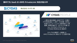 © 2021, Amazon Web Services, Inc. or its Affiliates. All rights reserved.
国内でも SaaS の AWS PrivateLink 対応が拡⼤中
⼈事系の基本機能+追加アプリで、社員の
アプリ利⽤を通じて⼈事データの収集・分析をし、
社員のコミュニケーションや⼈事評価から⼈事
業務、経営計画までと 全ての⼈の「働く」を
スムーズにするワンプラットフォーム
「CYDAS PEOPLE」をご提供中
セキュアな企業間データ連携には
AWS PrivateLink 経由でサービス提供可能
株式会社 サイダス 様
 