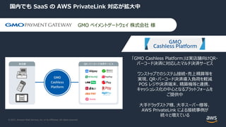 © 2021, Amazon Web Services, Inc. or its Affiliates. All rights reserved.
国内でも SaaS の AWS PrivateLink 対応が拡⼤中
「GMO Cashless Platform」は実店舗向けQR・
バーコード決済に対応したマルチ決済サービス
ワンストップでのシステム接続・売上精算等を
実現、QR・バーコード決済導⼊負荷を軽減
POS レジや決済端末、精算機等と連携、
キャッシュレス化の中⼼となるプラットフォームを
ご提供中
⼤⼿ドラッグストア様、⼤⼿スーパー様等、
AWS PrivateLink による接続事例が
続々と増えている
GMO ペイメントゲートウェイ 株式会社 様
 