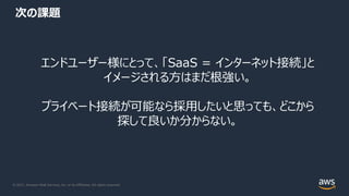 © 2021, Amazon Web Services, Inc. or its Affiliates. All rights reserved.
次の課題
エンドユーザー様にとって、「SaaS = インターネット接続」と
イメージされる⽅はまだ根強い。
プライベート接続が可能なら採⽤したいと思っても、どこから
探して良いか分からない。
 