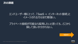 © 2021, Amazon Web Services, Inc. or its Affiliates. All rights reserved.
次の課題
エンドユーザー様にとって、「SaaS = インターネット接続」と
イメージされる⽅はまだ根強い。
プライベート接続が可能なら採⽤したいと思っても、どこから
探して良いか分からない。
NEXT
 