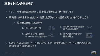 © 2021, Amazon Web Services, Inc. or its Affiliates.
本セッションのおさらい
• インターネット接続を好まない、堅牢性を求めるユーザー層がいる︕
• 解決法: AWS PrivateLink を使ったプライベート接続オプションを作りましょう︕
• 堅牢化の為の4つの特⾊
1. グローバル IP 不要
2. AWS ネットワーク使⽤
インターネットには触れない
3. 常にTCPセッション開始は
⽚⽅からのみ許可
4. 双⽅の許可ではじめて
接続が確⽴
• AWS PrivateLink サービスレディパートナー認定を通じて、サービス対応 SaaSの
認知度向上を図りましょう︕
 