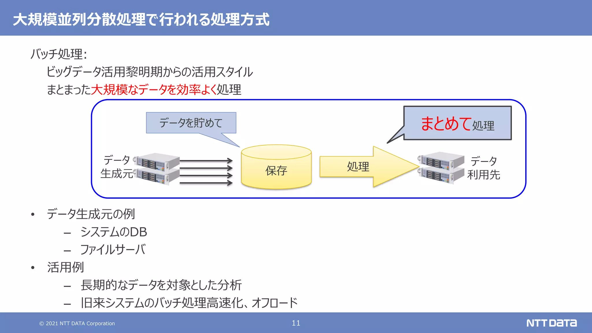 © 2021 NTT DATA Corporation 11
大規模並列分散処理で行われる処理方式
バッチ処理:
ビッグデータ活用黎明期からの活用スタイル
まとまった大規模なデータを効率よく処理
• データ生成元の例
– システムのDB
– ファイルサーバ
• 活用例
– 長期的なデータを対象とした分析
– 旧来システムのバッチ処理高速化、オフロード
保存
データ
生成元
処理 データ
利用先
データを貯めて まとめて処理
 