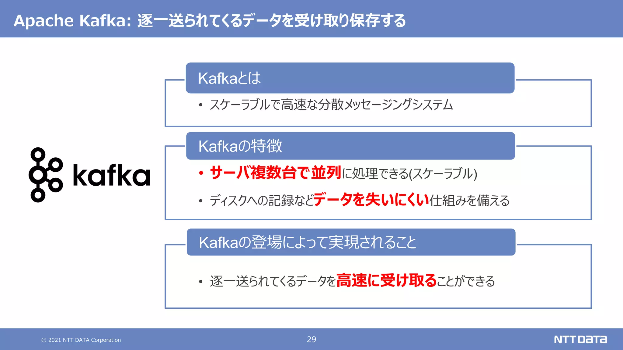 © 2021 NTT DATA Corporation 29
Apache Kafka: 逐一送られてくるデータを受け取り保存する
• スケーラブルで高速な分散メッセージングシステム
Kafkaとは
• サーバ複数台で並列に処理できる(スケーラブル)
• ディスクへの記録などデータを失いにくい仕組みを備える
Kafkaの特徴
• 逐一送られてくるデータを高速に受け取ることができる
Kafkaの登場によって実現されること
 