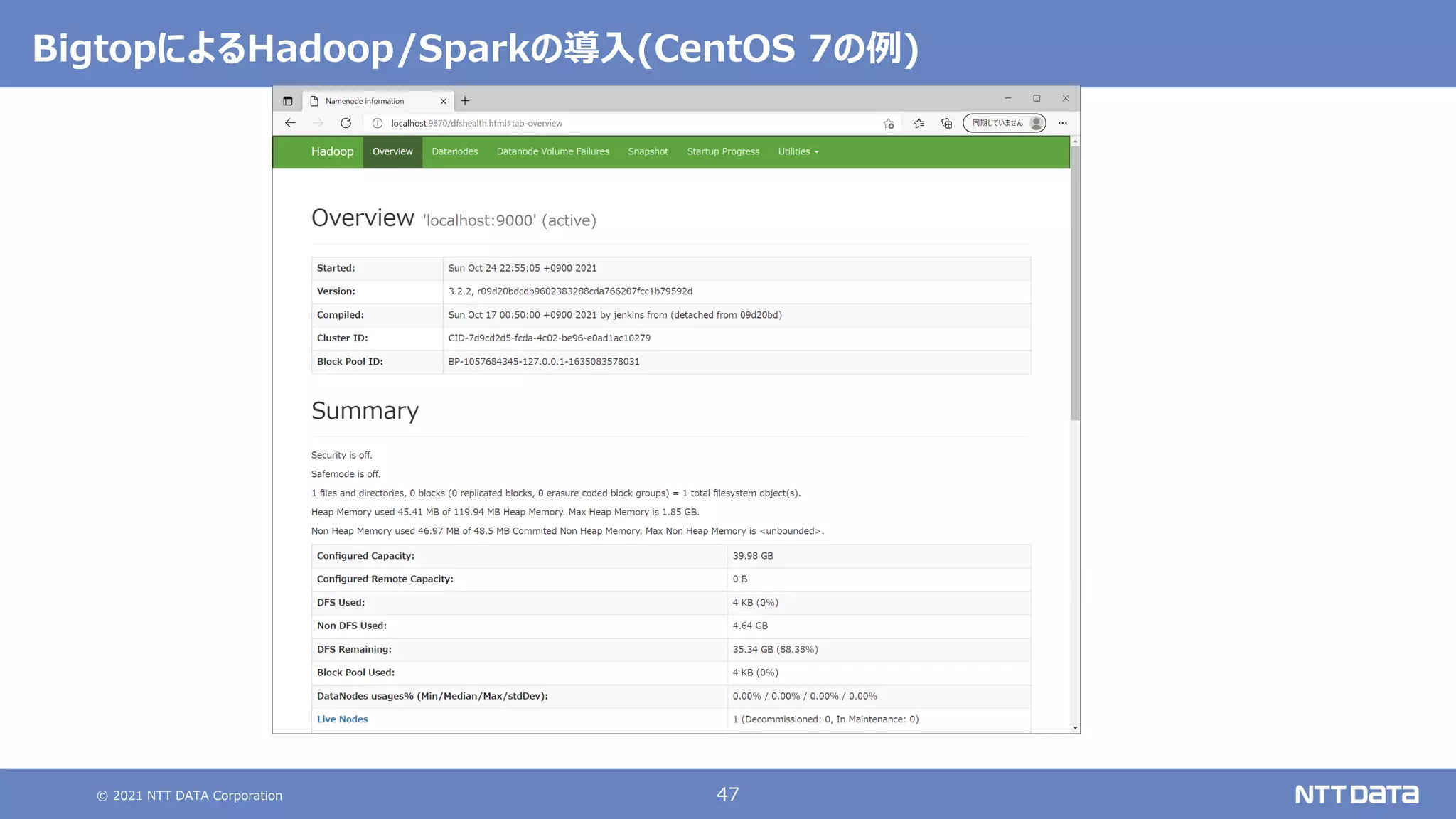 © 2021 NTT DATA Corporation 47
BigtopによるHadoop/Sparkの導入(CentOS 7の例)
 