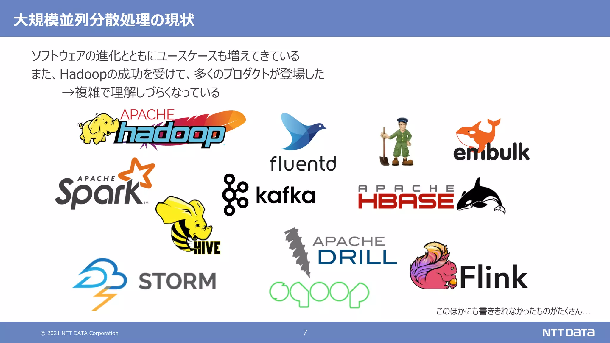 © 2021 NTT DATA Corporation 7
大規模並列分散処理の現状
ソフトウェアの進化とともにユースケースも増えてきている
また、Hadoopの成功を受けて、多くのプロダクトが登場した
→複雑で理解しづらくなっている
このほかにも書ききれなかったものがたくさん…
 