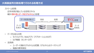 © 2021 NTT DATA Corporation 12
大規模並列分散処理で行われる処理方式
ストリーム処理:
近年利用が進んでいる活用スタイル
細かく数の多いデータをリアルタイムに処理
• データ生成元の例
– モバイルアプリ、Webアプリ（アプリケーションのログ）
– IoT機器（センサーログ）
• 活用例
– ユーザー行動のリアルタイムな把握、リアルタイムなマーケティング
– 機器の異常検知
データ
生成元
データ
利用先
処理
受信
データを受け取って すぐに処理
 