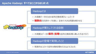 © 2021 NTT DATA Corporation 18
Apache Hadoop: すべてはここからはじまった
• 大規模データのための並列分散処理フレームワーク
• 複数台の汎用サーバを使い、全体で大きな問題を解かせる
Hadoopとは
• 大規模なデータの保存と処理を並列分散処理に適した方法で行う
Hadoopが果たしてくれる役割
• 現実的なコストで並列分散処理を行えるようになった
Hadoopの登場で実現したこと
 