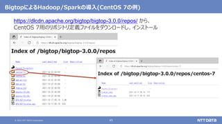 © 2021 NTT DATA Corporation 45
BigtopによるHadoop/Sparkの導入(CentOS 7の例)
https://dlcdn.apache.org/bigtop/bigtop-3.0.0/repos/ から、
CentOS 7用のリポジトリ定義ファイルをダウンロードし、インストール
 
