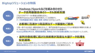 55
© 2021 NTT DATA Corporation
Bigtopソリューションの特長
特長1
特長3
特長2
• Hadoop/Sparkなどを組み合わせた
データ活用基盤全体のトータル技術支援
• お客様に迅速かつ高品質なデータ基盤をご提供
• 並列分散処理に長けた技術者が高度な大量データ処理を
安定運用
これまでのNTTデータの豊富な経験を活かし、
お客様がHadoop/Spark適用を検討している段階から、
データ活用基盤の検討・推進・適用・活用までお手伝いします。
十数～数千台の設計・構築経験を生かして、専門技術者がHadoopシステムの基盤設計構築を支援しま
す。Hadoopノウハウを集約したシステム基盤のひな形モデルを整備中で、
Hadoop特有の考え方、環境自動構築、特殊なノウハウが必要な運用についてもカバーしています。
Bigtop、Hadoop開発コミュニティでも活躍する技術者（コミッタ・PMCメンバ）が、
豊富な知見をもってソースコードレベルでトラブル解決し、安定運用させます。
 