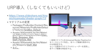 URP導入（しなくてもいいけど）
• https://www.slideshare.net/hiro
michiyamada/shader-graph/13
• マテリアルの変更
• Packages/ProBuilder/Content/Res
ources/Materials/ProBuilderDefaul
t/Textures/GridBox_Default
• Assets/3DGamekitLite/Art/Materi
als/Effect/Characters/Ellen/Ellen_
Body_Respawn_Mat,
Staff_Particle_Mat
• Assets/3DGamekitLite/Art/Materi
als/Weapons/Staff_Mat
• など。
←新規マテリアルを(Universal Render Pipeline/Lit
をベースにして) 作成し、各マップ画像を既存のも
のを再設定する。
もしくは既存のマテリアルのシェーダーを変更し、
各マップ画像を再設定する。
 