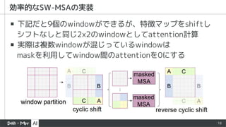 18
▪ 下記だと9個のwindowができるが、特徴マップをshiftし
シフトなしと同じ2x2のwindowとしてattention計算
▪ 実際は複数windowが混じっているwindowは
maskを利用してwindow間のattentionを0にする
効率的なSW-MSAの実装
 