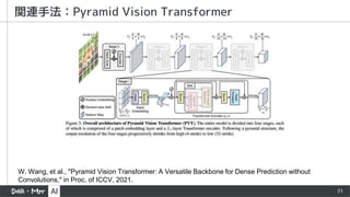 31
関連手法：Pyramid Vision Transformer
W. Wang, et al., "Pyramid Vision Transformer: A Versatile Backbone for Dense Prediction without
Convolutions," in Proc. of ICCV, 2021.
 