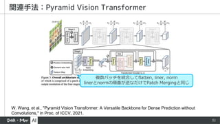 32
関連手法：Pyramid Vision Transformer
W. Wang, et al., "Pyramid Vision Transformer: A Versatile Backbone for Dense Prediction without
Convolutions," in Proc. of ICCV, 2021.
複数パッチを統合してflatten, liner, norm
linerとnormの順番が逆なだけでPatch Mergingと同じ
 