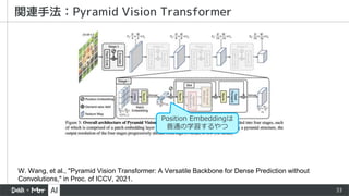 33
関連手法：Pyramid Vision Transformer
W. Wang, et al., "Pyramid Vision Transformer: A Versatile Backbone for Dense Prediction without
Convolutions," in Proc. of ICCV, 2021.
Position Embeddingは
普通の学習するやつ
 