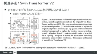 37
▪ でっかいモデルをGPUになんとか押し込みました！
▪ post-normになってる…
関連手法：Swin Transformer V2
Ze Liu, et al., "Swin Transformer V2: Scaling Up Capacity and Resolution," in arXiv:2111.09883.
 