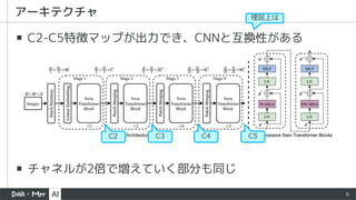 6
▪ C2-C5特徴マップが出力でき、CNNと互換性がある
▪ チャネルが2倍で増えていく部分も同じ
アーキテクチャ
C2 C3 C4 C5
理屈上は
 