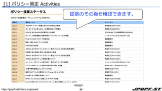 47
[1] ポリシー策定 Activities
https://jpopf.net/policy-proposals/
<snip>
提案のその後を確認できます。
 