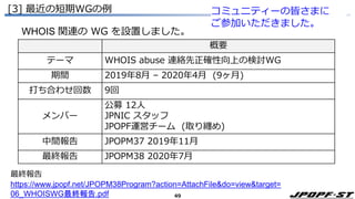49
[3] 最近の短期WGの例
最終報告
https://www.jpopf.net/JPOPM38Program?action=AttachFile&do=view&target=
06_WHOISWG最終報告.pdf
概要
テーマ WHOIS abuse 連絡先正確性向上の検討WG
期間 2019年8月 – 2020年4月 (9ヶ月)
打ち合わせ回数 9回
メンバー
公募 12人
JPNIC スタッフ
JPOPF運営チーム (取り纏め)
中間報告 JPOPM37 2019年11月
最終報告 JPOPM38 2020年7月
WHOIS 関連の WG を設置しました。
コミュニティーの皆さまに
ご参加いただきました。
 