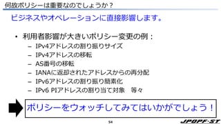 54
何故ポリシーは重要なのでしょうか？
ビジネスやオペレーションに直接影響します。
• 利用者影響が大きいポリシー変更の例：
– IPv4アドレスの割り振りサイズ
– IPv4アドレスの移転
– AS番号の移転
– IANAに返却されたアドレスからの再分配
– IPv6アドレスの割り振り簡素化
– IPv6 PIアドレスの割り当て対象 等々
ポリシーをウォッチしてみてはいかがでしょう！
 