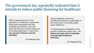 Khazanah
Research
Institute
14
The government has repeatedly indicated that it
intends to reduce public financing for healthcare
“With increasing demand by the
population for healthcare, coupled with
rising public expectations the real
challenge will, therefore, be to find
ways and means to meet the rising cost
of providing healthcare. In view of this,
new sources of finance must be
identified.”
—5th Malaysia Plan
“Rising healthcare costs have
threatened the financial sustainability of
the Government in providing quality
public healthcare.”
“A comprehensive revitalisation of the
country’s healthcare system aims…[to]
Reduce the high level of subsidies,
unsustainable healthcare
financing…”
—12th Malaysia Plan
 