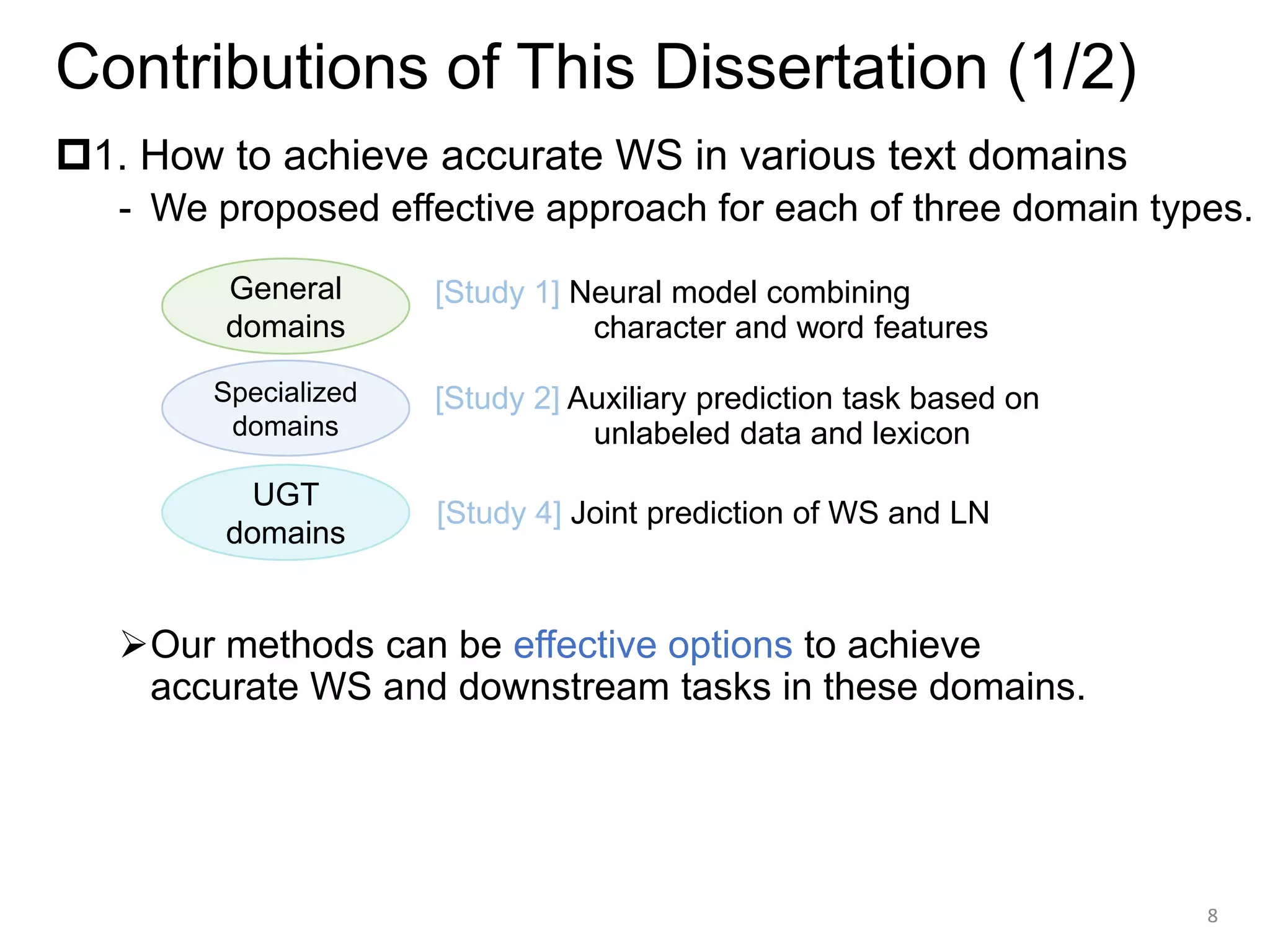 Contributions of This Dissertation (1/2)
1. How to achieve accurate WS in various text domains
- We proposed effective approach for each of three domain types.
➢Our methods can be effective options to achieve
accurate WS and downstream tasks in these domains.
8
General
domains
Specialized
domains
UGT
domains
[Study 1] Neural model combining
character and word features
[Study 2] Auxiliary prediction task based on
unlabeled data and lexicon
[Study 4] Joint prediction of WS and LN
 