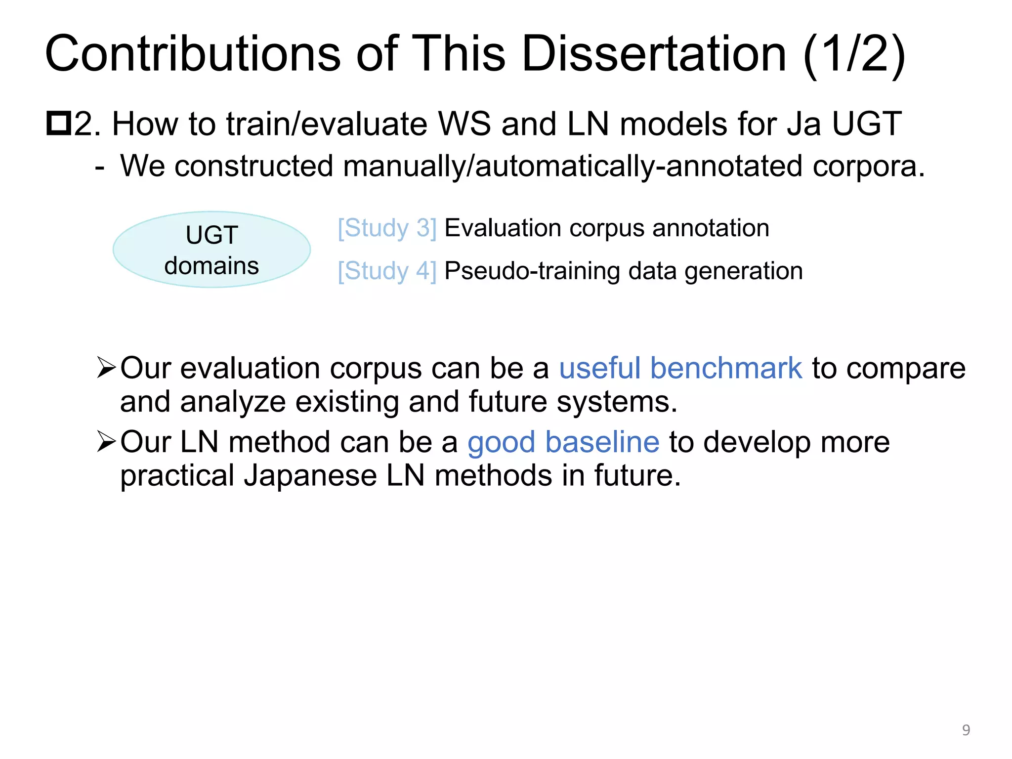 Contributions of This Dissertation (1/2)
2. How to train/evaluate WS and LN models for Ja UGT
- We constructed manually/automatically-annotated corpora.
➢Our evaluation corpus can be a useful benchmark to compare
and analyze existing and future systems.
➢Our LN method can be a good baseline to develop more
practical Japanese LN methods in future.
9
UGT
domains
[Study 3] Evaluation corpus annotation
[Study 4] Pseudo-training data generation
 