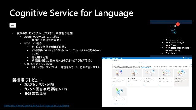 Cognitive Service for Language
• 従来のサービスがグルーピングされ、新機能が追加
• Azure のリソースが １つに統合
• 課金の予測可能性が向上
• UXが1つに統合
• サービスの発見と使用が容易に
• ビルド済みのNLPとカスタムトレーニングされたNLPの間のシーム
レス化
• 再利用が可能
• 多言語対応し、最先端NLPモデルへのアクセス可能に
• SDK/API が 1 つにまとまる
• ドキュメント、サンプルの一貫性を保ち、より簡単に使いやすく
新機能(プレビュー)
• カスタムテキスト分類
• カスタム固有表現認識(NER)
• 会話言語理解
Introducing Azure Cognitive Service for Language (microsoft.com)
 