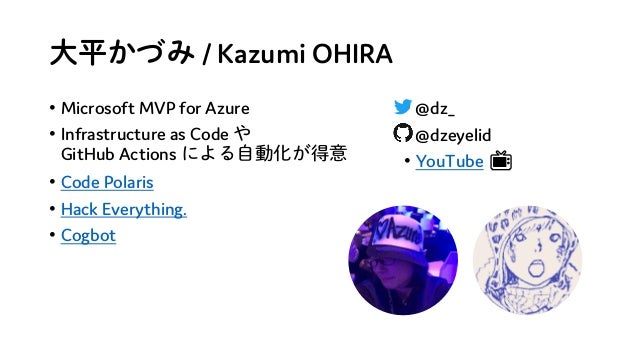大平かづみ / Kazumi OHIRA
• Microsoft MVP for Azure
• Infrastructure as Code や
GitHub Actions による自動化が得意
• Code Polaris
• Hack Everything.
• Cogbot
• @dz_
• @dzeyelid
• YouTube 📺📺
 