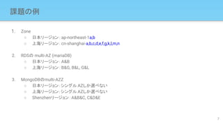 課題の例
1. Zone
○ 日本リージョン：ap-northeast-1a,b
○ 上海リージョン：cn-shanghai-a,b,c,d,e,f,g,k,l,m,n
2. RDSの multi-AZ (mariaDB)
○ 日本リージョン：A&B
○ 上海リージョン：B&G, B&L, G&L
3. MongoDBのmulti-AZZ
○ 日本リージョン：シングル AZしか選べない
○ 上海リージョン：シングル AZしか選べない
○ Shenzhenリージョン：A&B&C, C&D&E
7
 