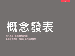 26
概念發表
每人票選4個最喜歡的概念
各組參考票選，挑選小組的設計提案
 