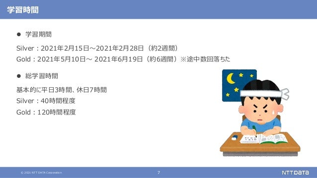 © 2021 NTT DATA Corporation 7
学習時間
 学習期間
Silver：2021年2月15日〜2021年2月28日（約2週間）
Gold：2021年5月10日〜 2021年6月19日（約6週間）※途中数回落ちた
 総学習時間
基本的に平日3時間、休日7時間
Silver：40時間程度
Gold：120時間程度
 