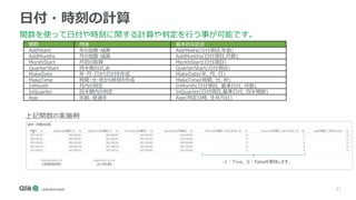 21
日付・時刻の計算
関数を使って日付や時刻に関する計算や判定を行う事が可能です。
関数 用途 基本的な記述
AddYears 年の加算・減算 AddYears(日付項目,年数)
AddMonths 月の加算・減算 AddMonths(日付項目,月数)
MonthStart 月初の取得 MonthStart(日付項目)
QuarterStart 四半期のはじめ QuarterStart(日付項目)
MakeDate 年・月・日から日付を作成 MakeDate(年, 月, 日)
MakeTime 時間・分・秒から時刻を作成 MakeTime(時間, 分, 秒)
InMonth 月内の判定 InMonth(日付項目, 基準日付, 月数)
InQuarter 四半期内の判定 InQuarter(日付項目,基準日付, 四半期数)
Age 年齢、経過年 Age(判定日時, 生年月日)
上記関数の実施例
-1 : True, 0 : Falseを意味します。
 