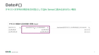 6
Date#()
テキスト文字列の項目を日付型としてQlik Senseに読み込ませたい場合
 