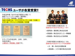 Copyright(C) 2021 TECHNOA INC. All Rights Reserved.
ユーザが各賞受賞!!
平成30年度『おかやまIT経営力大賞』で
協和ファインテック様が「優秀賞」、
テクノアも「特別賞」を受賞
令和２年度では、フジワラテクノアート様 「大賞」、
ビサン様 「チャレンジ特別賞」を受賞
テクノアは平成28年、29年、30年、
令和2年度と
４度目の「特別賞」受賞です。
<優秀賞> 豊実精工株式会社様
<奨励賞> 株式会社サンエー精機様
<奨励賞> 株式会社山口技研様
『中部IT経営力大賞2018』で
受賞4社中3社がTECHSユーザ!!
『中部IT経営力大賞2021』でも
受賞4社中2社がテクノアのお客様!!
<大 賞> 株式会社艶金様
<奨励賞> コクネ製作株式会社様
 