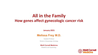 All in the Family
How genes affect gynecologic cancer risk
January 2021
Melissa Frey M.D.
Assistant Professor
Division of Gynecologic Oncology
Weill Cornell Medicine
Obstetrics and Gynecology
 