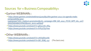 Sources for « Business Composability»
•GartnerWEBINARs :
✓https://www.gartner.com/en/webinars/4005892/the-gartner-2022-cio-agenda-make-
composability-your-
superpower?utm_medium=promotion&utm_campaign=RM_GB_2022_ITCIO_NPP_IA1_22CI
OAGENDABACKPAGE&utm_term=wb%0D
✓https://www.youtube.com/watch?v=gEauv7Q_DG4
✓https://www.youtube.com/watch?v=hYF4CO3iYw0
•OtherWEBINARs :
✓https://www.youtube.com/watch?v=vKXJ9R07uNc
✓https://www.youtube.com/watch?v=QK_lGWj_c4s (The best one)
COMPETENSIS - Business Composability
3
 
