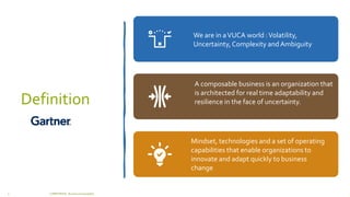 Definition
We are in aVUCA world :Volatility,
Uncertainty,Complexity and Ambiguity
A composable business is an organization that
is architected for real time adaptability and
resilience in the face of uncertainty.
Mindset, technologies and a set of operating
capabilities that enable organizations to
innovate and adapt quickly to business
change
COMPETENSIS - Business Composability
9
 