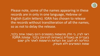 Please note, some of the names appearing in these
records are in only in one language, Hebrew or
English (Latin letters). IGRA has chosen to release
the records without transliteration of all the names,
so as not to delay the release.
‫ראוי‬
‫לציין‬
,
‫כי‬
‫חלק‬
‫מהשמות‬
‫במסמכים‬
‫הינם‬
‫בלבד‬ ‫אחת‬ ‫בשפה‬
,
‫או‬ ‫בעברית‬
‫באנגלית‬
(
‫ב‬
‫אותיות‬
‫לטיניות‬
)
‫ב‬
‫לבד‬
.
‫עמותת‬
IGRA
‫החליטה‬
‫לא‬
‫לעכב‬
‫את‬
‫העלאת‬
‫הרשומות‬
‫לאתר‬
‫ולכן‬
‫ישנם‬
‫שמות‬
‫ה‬
‫מופיעים‬
‫ללא‬
‫תעתיק‬
.
 