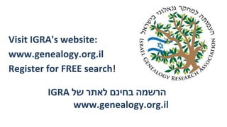 ‫הרשמה‬
‫בחינם‬
‫לאתר‬
‫של‬
IGRA
www.genealogy.org.il
Visit IGRA's website:
www.genealogy.org.il
Register for FREE search!
 