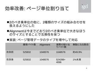 6
効率改善: ページ単位割り当て
2のべき乗単位の他に、2種類のサイズの組み合わせを
扱えるようにした
Alignmentは今までどおり2のべき乗単位で大きなほう
のサイズとすることで互換性を保つ
実装: ページ管理データのタイプを増やして対応
確保バイト数 Alignment 実際の割り当
てバイト数
無駄になる割合
改良前 525832 1048576 1048576 約49.9%
改良後 525832 1048576 524288+
4096
1%未満
 