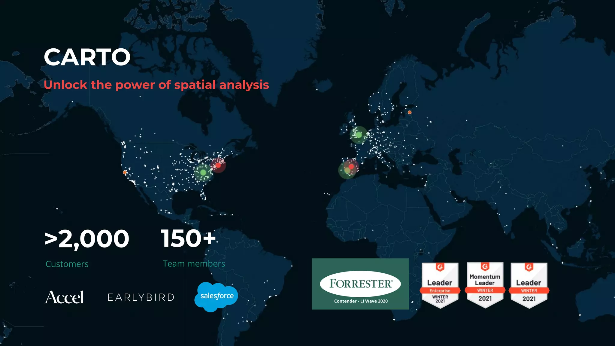 CARTO
Customers
Unlock the power of spatial analysis
>2,000
Team members
150+
Contender - LI Wave 2020
 