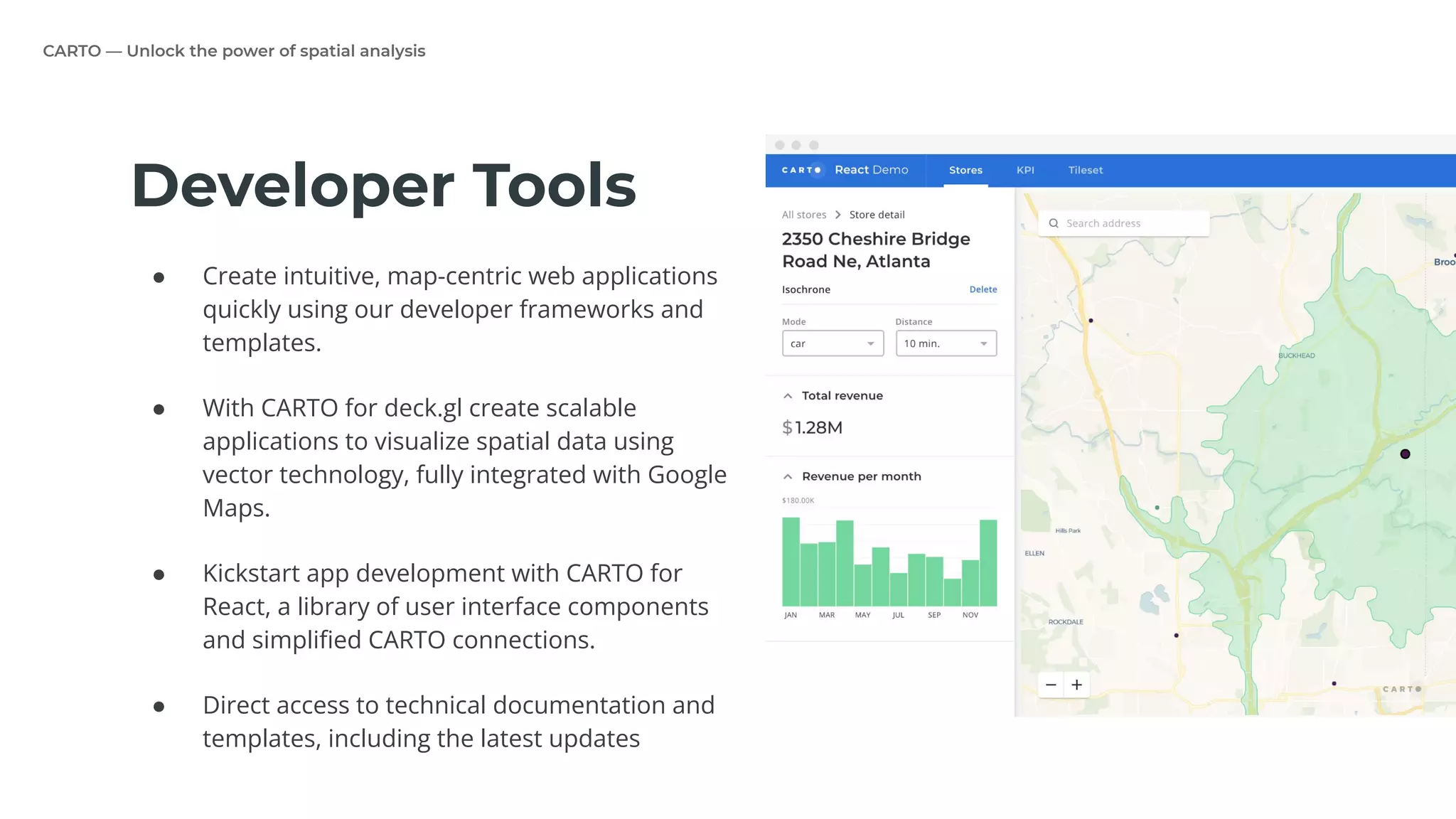 CARTO — Unlock the power of spatial analysis
● Create intuitive, map-centric web applications
quickly using our developer frameworks and
templates.
● With CARTO for deck.gl create scalable
applications to visualize spatial data using
vector technology, fully integrated with Google
Maps.
● Kickstart app development with CARTO for
React, a library of user interface components
and simpliﬁed CARTO connections.
● Direct access to technical documentation and
templates, including the latest updates
Developer Tools
 