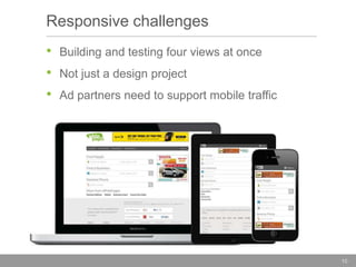Responsive challenges
•
•
•

Building and testing four views at once

Not just a design project
Ad partners need to support mobile traffic

10

 