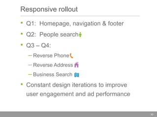 Responsive rollout

•
•
•

Q1: Homepage, navigation & footer

Q2: People search
Q3 – Q4:

– Reverse Phone
– Reverse Address
– Business Search

•

Constant design iterations to improve
user engagement and ad performance

30

 
