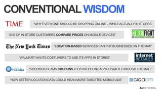 CONVENTIONAL WISDOM
“WHY EVERYONE SHOULD BE SHOPPING ONLINE – WHILE ACTUALLY IN STORES”
“34% OF IN-STORE CUSTOMERS COMPARE PRICES ON MOBILE DEVICES”
“LOCATION-BASED SERVICES CAN PUT BUSINESSES ON THE MAP”

“WALMART WANTS COSTUMERS TO USE ITS APPS IN STORES”

“SHOPKICK BEAMS COUPONS TO YOUR PHONE AS YOU WALK THROUGH THE MALL”
“HOW BETTER LOCATION DATA COULD MEAN MORE TARGETED MOBILE ADS”

 