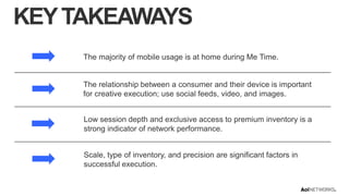 KEY TAKEAWAYS
The majority of mobile usage is at home during Me Time.

The relationship between a consumer and their device is important
for creative execution; use social feeds, video, and images.
Low session depth and exclusive access to premium inventory is a
strong indicator of network performance.

Scale, type of inventory, and precision are significant factors in
successful execution.

 
