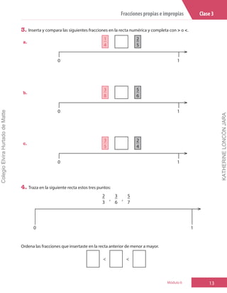 13
Clase 3
Fracciones propias e impropias
Módulo 6
3. Inserta y compara las siguientes fracciones en la recta numérica y completa con > o <.
a.
1 2
4 5
0 1
b.
3 5
8 6
0 1
c.
3 2
5 4
0 1
4. Traza en la siguiente recta estos tres puntos:
2
,
3
,
5
3 6 7
0 1
Ordena las fracciones que insertaste en la recta anterior de menor a mayor.
< <
Colegio
Elvira
Hurtado
de
Matte
KATHERINE
LONCÓN
JARA
 