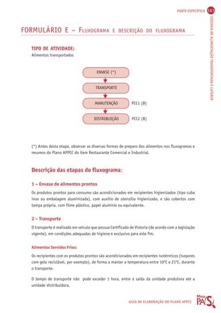 PARTE ESPECÍFICA 161 
COZINHA DE ALIMENTAÇÃO TRANSPORTADA E CATERER 
FORMULÁRIO E – FLUXOGRAMA E DESCRIÇÃO DO FLUXOGRAMA 
GUIA DE ELABORAÇÃO DO PLANO APPCC 
TIPO DE ATIVIDADE: 
Alimentos transportados 
ENVASE (*) 
TRANSPORTE 
MANUTENÇÃO PCC1 (B) 
DISTRIBUIÇÃO PCC2 (B) 
(*) Antes desta etapa, observar as diversas formas de preparo dos alimentos nos fluxogramas e 
resumos do Plano APPCC do item Restaurante Comercial e Industrial. 
Descrição das etapas do fluxograma: 
1 – Envase de alimentos prontos 
Os produtos prontos para consumo são acondicionados em recipientes higienizados (tipo cuba 
inox ou embalagem aluminizada), com auxílio de utensílio higienizado, e são cobertos com 
tampa própria, com filme plástico, papel alumínio ou equivalente. 
2 – Transporte 
O transporte é realizado em veículo que possua Certificado de Vistoria (de acordo com a legislação 
vigente), em condições adequadas de higiene e exclusivo para este fim. 
Alimentos Servidos Frios: 
Os recipientes com os produtos prontos são acondicionados em recipientes isotérmicos (isopores 
com gelo reciclável, por exemplo), de forma a manter a temperatura entre 10OC e 21OC, durante 
o transporte. 
O tempo de transporte não pode exceder 1 hora, entre a saída da unidade produtora até a 
unidade distribuidora. 
 